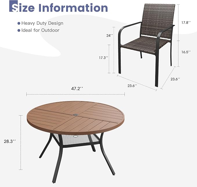 VICLLAX 7 Pieces Outdoor Dining Set, 6 Stakable Wicker Patio Chairs and 47" Patio Round Metal Table with Umbrella Hole for Backyard Lawn Garden, Walnut Tabletop