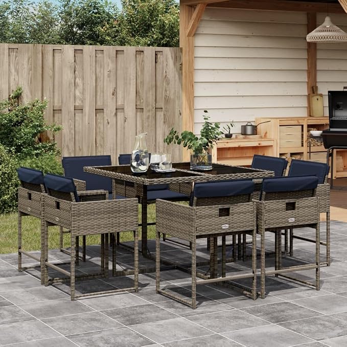 9 Piece Garden Dining Set with Cushions Grey Poly Rattan Outdoor Patio Table and 8 Foldable Chairs Tempered Glass Top Weather Resistant