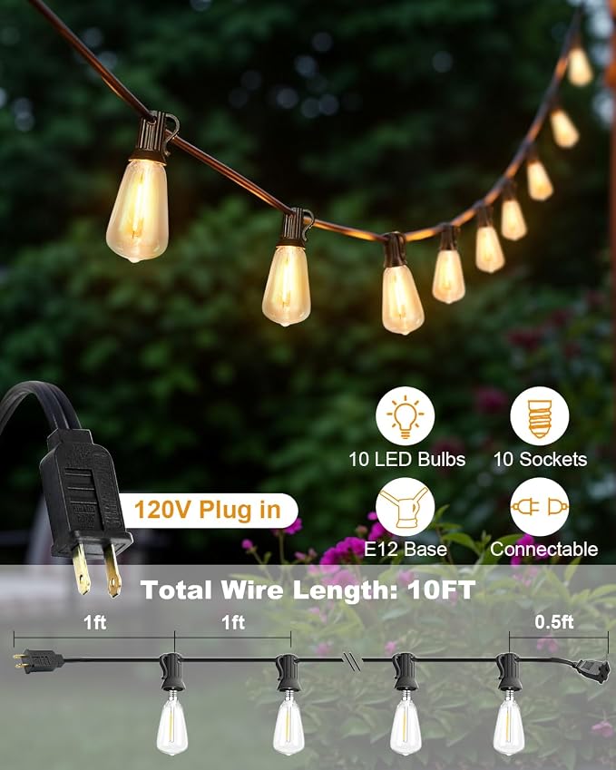 10FT Outdoor String Lights with 10 Bulbs,ST38 1W Plastic LED Bulbs | Shatterproof and Waterproof Edison Bulb String Lights, Perfect for Bistro, Pergola, Backyard and Garden
