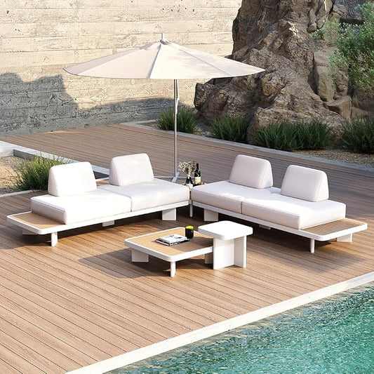 homary Modular Patio Sofa Set — Weather-Resistant Outdoor Conversation Set with Cushions, Configurable Design for Decks, Gardens, and Poolside, White, Without Umbrella