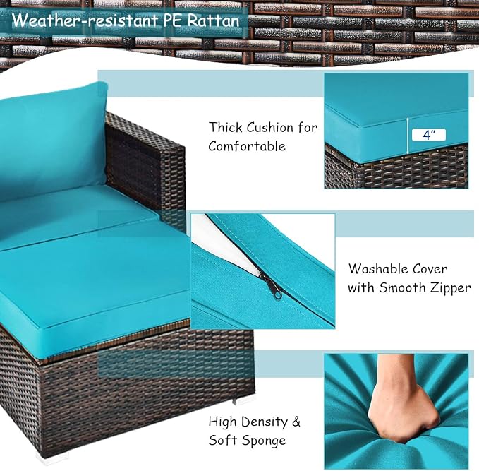 Tangkula 6 Pieces Wicker Patio Furniture Set, PE Rattan Outdoor Sectional Conversation Set with Glass Coffee Table & Ottoman, Wicker Sofa Set with Cushions for Yard Garden, Deck, Porch (Turquoise)
