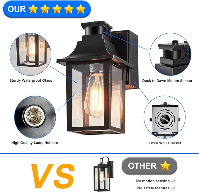Porch Lights with GFCI Outlet,Dusk to Dawn Motion Sensor Outdoor Lights | 3 Light Modes Front Door Exterior Light Fixture Waterproof Outside Wall Light for House,Patio,Garage,Black,Bulb not Included