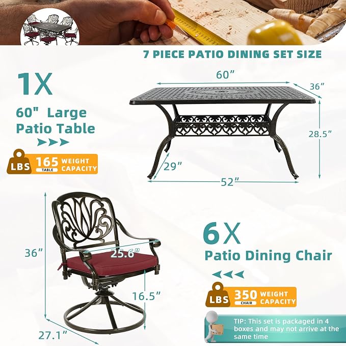 MEETWARM 7-Piece Outdoor Patio Dining Set, All-Weather Cast Aluminum Patio Conversation Set for Backyard Garden Deck with 6 Cushioned Swivel Rocker Chairs, 1 Rectangular Table, Chili Red