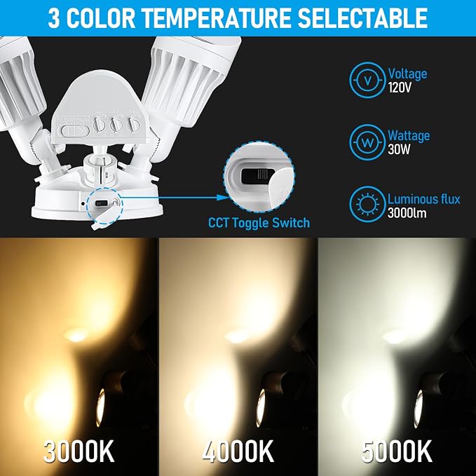 LEONLITE 3CCT Motion Sensor Security Lights Dusk to Dawn IP65 White | LED Motion Detector Flood Light Outdoor, 3000K4000K5000K Selectable, ETL Listed, Adjustable Heads, Aluminum, Waterproof