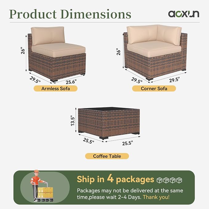 Aoxun 14 Piece Patio Furniture Set Wicker Rattan Patio Conversation Set Outdoor Sectional Sofa Set with Coffee Table and Thickened Cushions, Beige