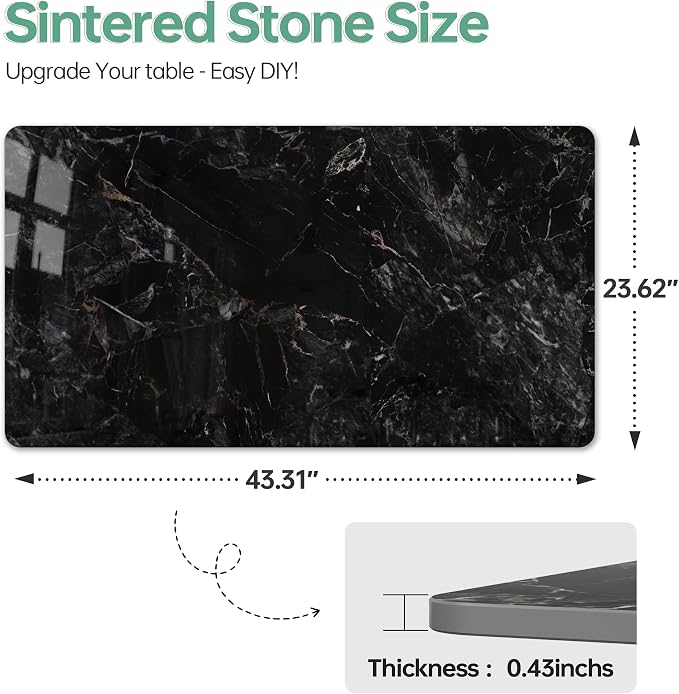 Rectangle Table Top,43.3 ” x 23.6 ” Black Sintered Stone Tabletop, DIY Replacement & Cover Marble Desktop, Scratch & Wear Resistant, Easy to Clean, Suitable for Indoor & Outdoor