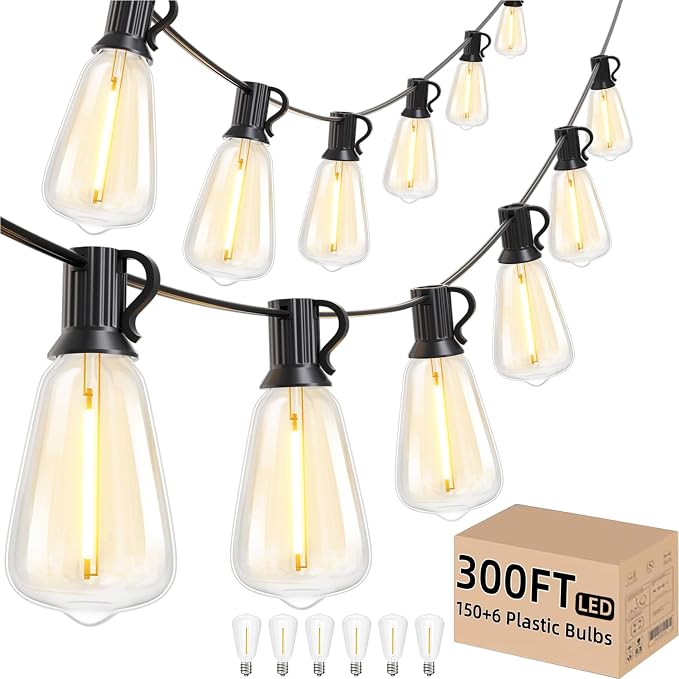 Svater 300 FT Outdoor String Lights LED, Waterproof for Outside Patio | 156 Shatterproof ST38 Dimmable Edison Bulbs, Hanging Lighting For Bistro Cafe Market Backyard, 2700K (100 FT *3)