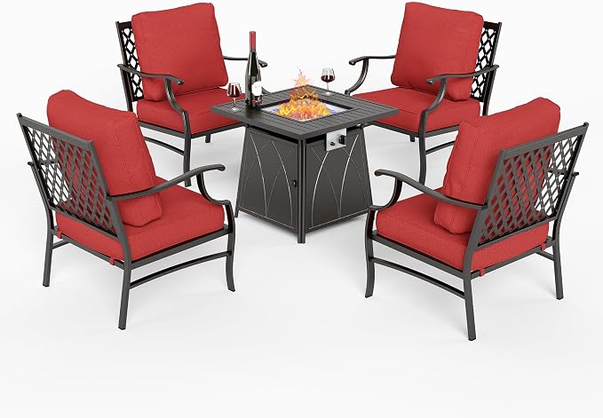 SUNSHINE VALLEY 5 Piece Metal Outdoor Patio Furniture Set with Fire Pit Table, Patio Conversation Sets 4 Fixed Chairs with 5.75" Thick Cushion and 5000 BTU Fire Pit Table, Backyard Furniture, Red
