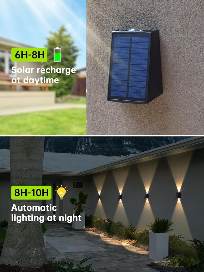 Mrzxy Solar Lights Outdoor Waterproof Dusk to Dawn Sconce for Outside, Wall | Up Down Solar Lignting 4 Pack Dusk to Dawn Warm White 3000K Outdoor IP65 Waterproof Solar Powered Modern LED