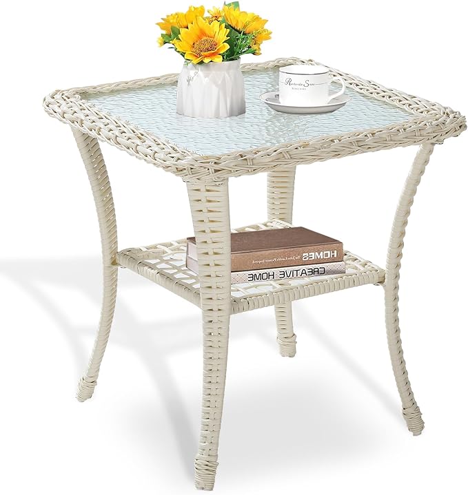 MEETWARM Wicker Outdoor Side Table, All-Weather Patio Rattan Side Table with Tempered Glass Top and Storage Shelf, Small Patio End Table for Outside Indoor Outdoor Balcony Porch Deck, Cream White