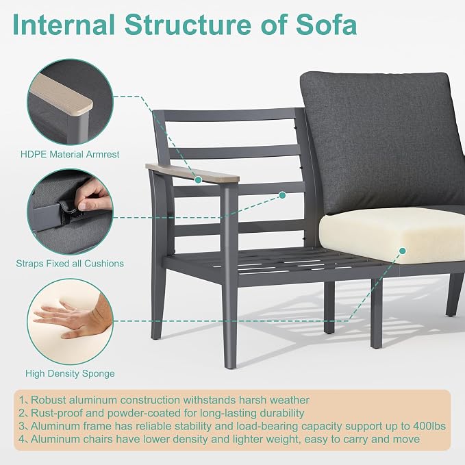 Aluminum Outdoor Patio Furniture Set with Swivel Rocking Chairs 5-Piece, Patio Sectional Sofa Patio Conversation Set with 55,000 BTU Fire Pit Table High Backrest & Thickened Cushions, Dark Grey