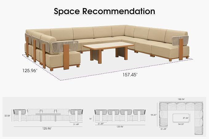 PURPLE LEAF Patio Furniture Set Modular U-Shaped Outdoor Sectional Sofa with 11" Thick Olefin Cushion 11-Piece Outdoor Conversation Set with White Lights & Table for Backyard Garden Poolside, Beige