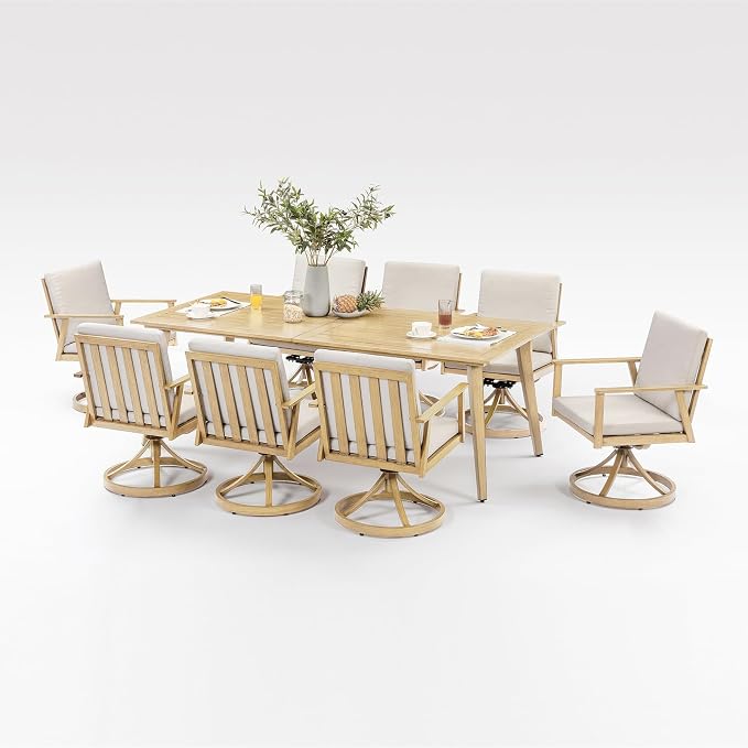 9 Pieces Outdoor Dining Set, Never-Rust Aluminum Patio Swivel Dining Set with Umbrella Hole, 360° Rotation Outdoor Patio Furniture Set, 8 Swivel Chairs and Table for Garden, Yard, Maple Wood
