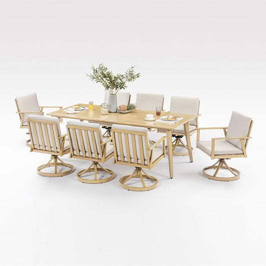 9 Pieces Outdoor Dining Set, Never-Rust Aluminum Patio Swivel Dining Set with Umbrella Hole, 360° Rotation Outdoor Patio Furniture Set, 8 Swivel Chairs and Table for Garden, Yard, Maple Wood