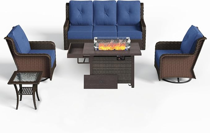 Sundale Outdoor Wicker Patio Furniture Set with Fire Pit, 5 Piece All Weather Outdoor Furniture Set with Swivel Chairs & Couch, High Back Patio Conversation Sets with 6" Cushions for Yard, Deck (Blue)