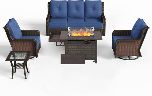Sundale Outdoor Wicker Patio Furniture Set with Fire Pit, 5 Piece All Weather Outdoor Furniture Set with Swivel Chairs & Couch, High Back Patio Conversation Sets with 6" Cushions for Yard, Deck (Blue)