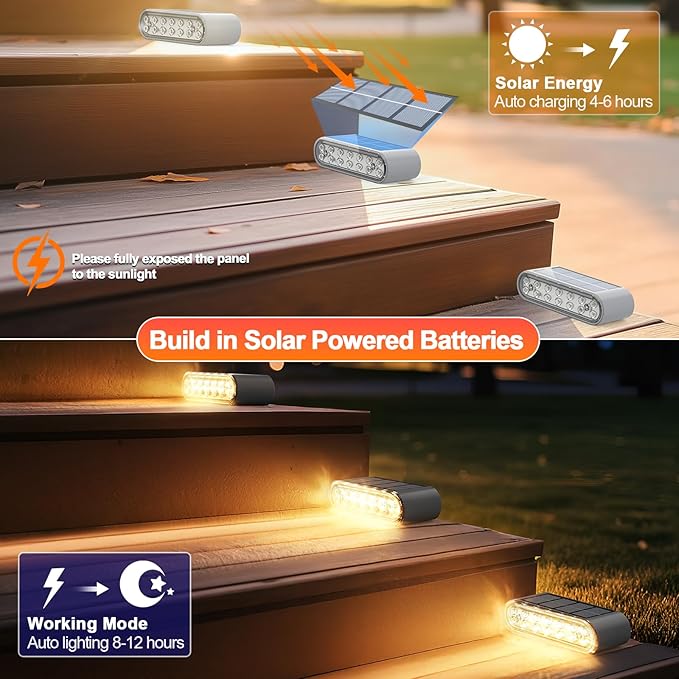 Solar Step Lights for Outside, 6-Pack Stair Light Outdoor Waterproof IP67, 14 LED Warm White Light Solar Powered Lighting for Steps, Stairs, Deck，Patio, Walkway, Front Porch Decor