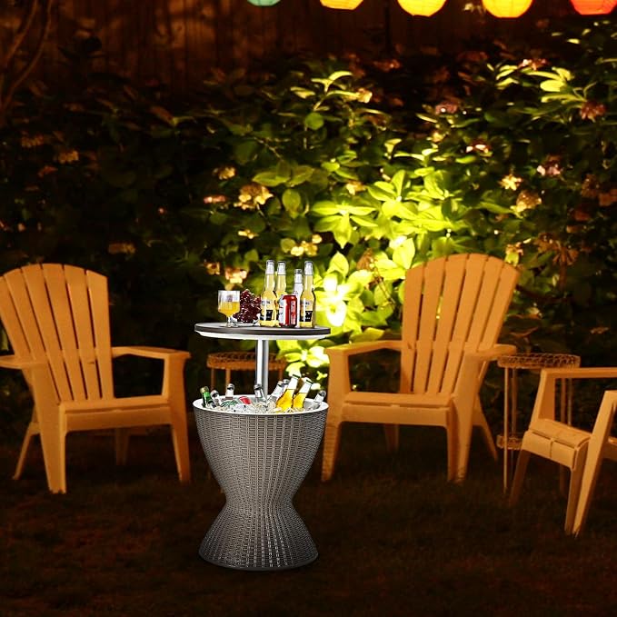 COSTWAY Outdoor Cool Bar Table, 8 Gallon Beer and Wine Cooler, Height Adjustable Rattan Style Cocktail Patio Bar Tables, 3-in-1 Ice Cooler with Drainage Plug for Deck, Pool, Party, Beach (Coffee)