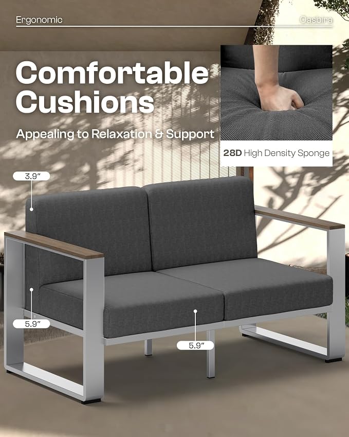 2 Pieces Outdoor Aluminum Armchair, Modern Patio Patio Furniture with Wide Seat and Thick Cushions, All-Weather Oversized Couch for Deck, Porch