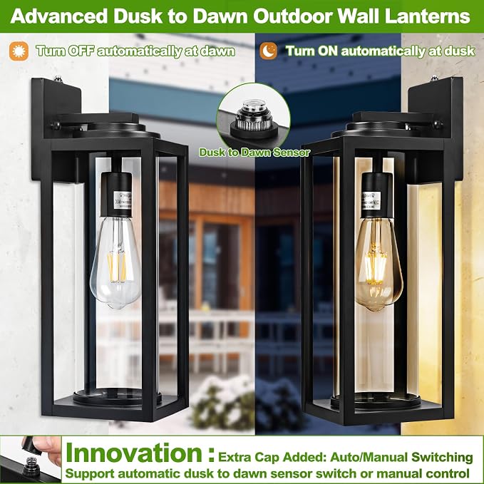 FILIYANO Large Dusk to Dawn Outdoor Wall Lights, 16 Inch, Modern, 2 Pack | Anti-Rust, Waterproof, Matte Black Exterior Fixture with Photocell, Farmhouse Wall Sconces for Garage, Porch, Front Door, E26