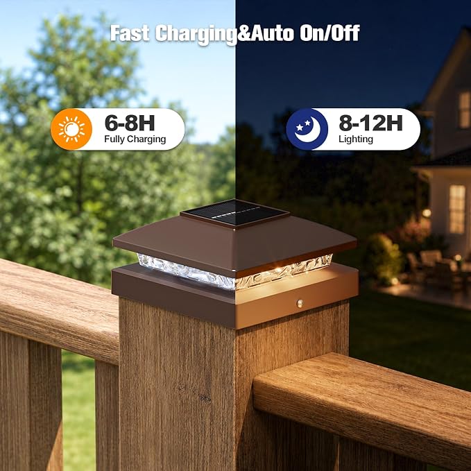 APONUO Solar Post Cap Lights for 4x4 Posts - IP64 Waterproof, Warm/Cool White, Wireless Fence Lights & Deck Lights for Patios, Gardens, and Yards, Brown,12 Pack