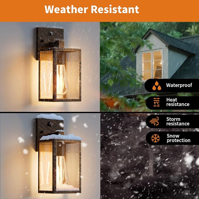 2 Pack Black Brush Gold Dusk to Dawn Exterior Lighting Fixtures Wall Mount, Sensor Outside Front Porch Lights for House, Outdoor Lantern Lamp, Wall Sconce Lights, Coach Light for Garage Entryway