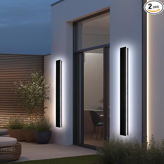 AioTio 70.8in 2pcs Outdoor Wall Lights, Upgraded 4.72in Wide Black Exterior Light Fixtures Wall Mount, Waterproof Modern Porch Light,Dimmable Long Strip LED Linear Outdoor Sconces Lighting for House
