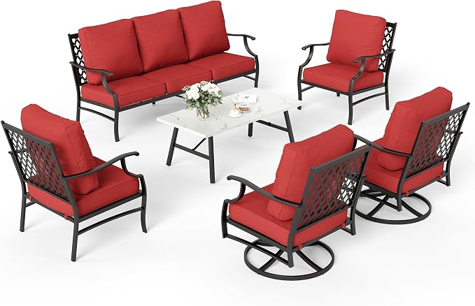 SUNSHINE VALLEY 6 Piece Metal Outdoor Patio Furniture Set, Patio Conversation Sets 1 3-Seater Sofa, 2 Swivel Chair, 2 Leg Chair with 5.75" Thick Cushion and Coffee Table, Backyard Furniture Set, Red
