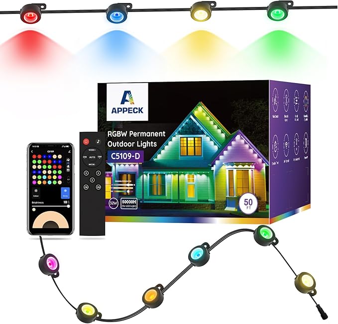 Permanent Outdoor Lights 50FT with 36 LEDs, Smart Eaves Lights RGBW | Waterproof Outdoor String Lights, 110+ Scene Modes, 40LM Warm White, for Daily/Holiday Decor, App/Voice/Remote Control, Black