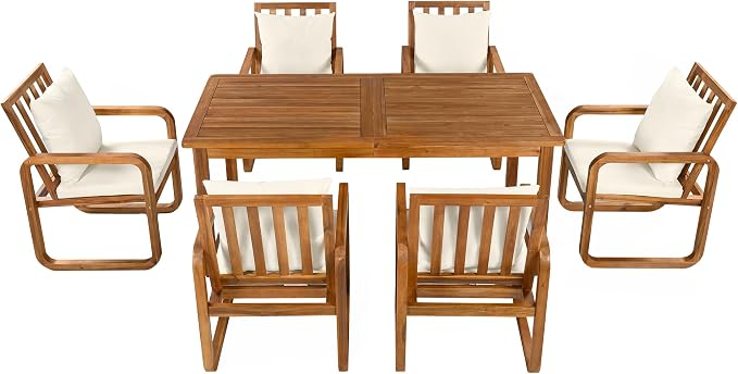 Merax 7 Pieces Patio Dining Set, Outdoor Acacia Wood Furniture for 6, with Table and Removable Cushioned Chairs for Backyard, Beige