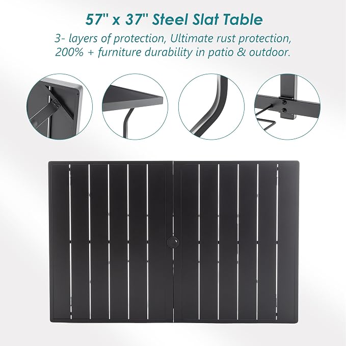 Thanaddo 57" Outdoor Patio Dining Table, Metal Rectangular Table with 2.16" Umbrella Hole, Weather-Resistant Slatted Steel Table for Backyard, Garden, Poolside, Black