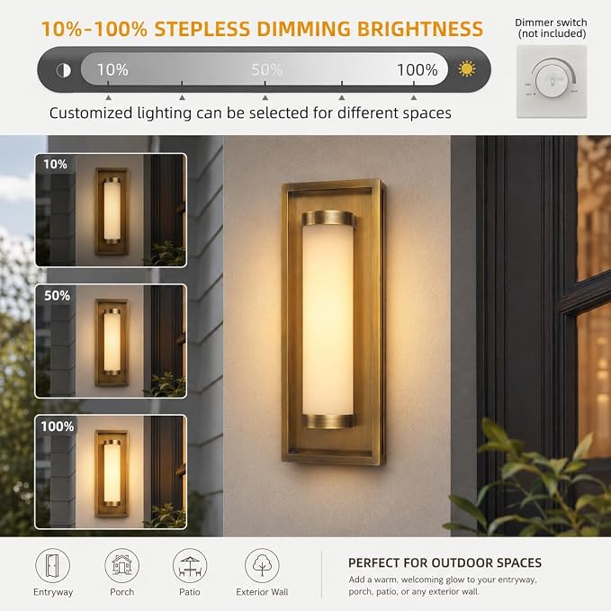 Hyunbae Modern LED Dusk to Dawn Outdoor Wall Sconce, Brushed Antique Brass | Photocell Sensor, 15W Dimmable Porch Light, 16" Exterior Sconce for House, Garage Patio Entryway Use, 3000K Warm White