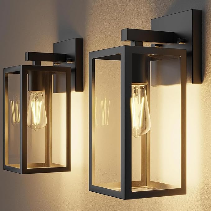 Kalium Porch Lights Outdoor Wall Light Fixture 2pcs, Matte Black, Wall Sconce 12.4 in, Toughened Frame, Clear Glass Shade, Waterproof Lanterns, for Patio, Exterior, Front, Door, Entryway