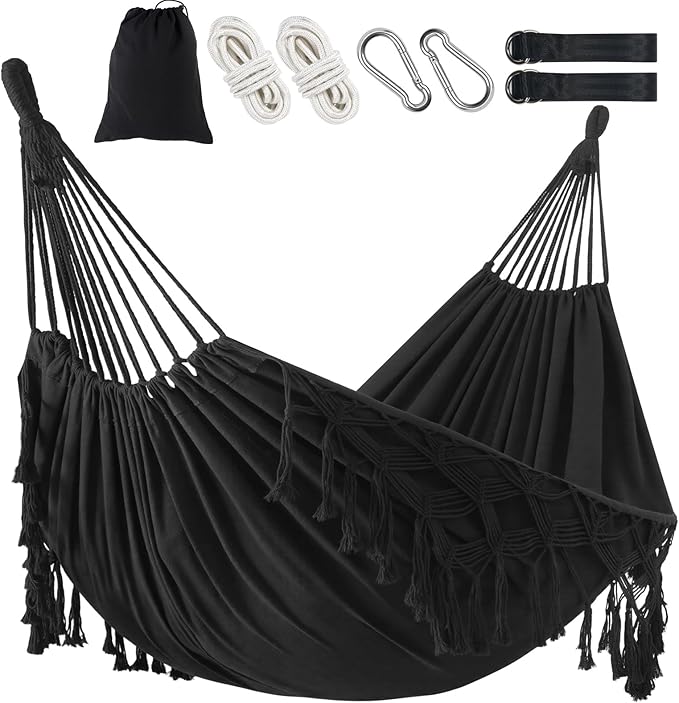 Brazilian Style Double Hammock with Fringe, 2 Person Patio Hammock for Backyard & Indoor Relaxation, Soft Breathable Fabric, Easy Setup with Straps & Carry Bag, 360 lbs Capacity