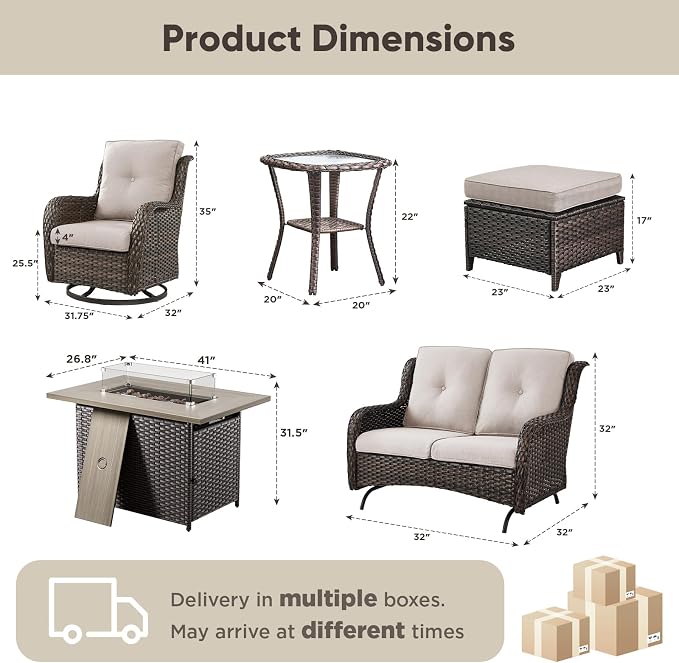 Belord Patio Furniture Set with Fire Pit Table,8 Piece Wicker Outdoor Furniture Set, Swivel Rocker Chairs with Ottomans and Loveseat, All Weather Patio Conversation Set, Pool,Yard, Brown Wicker/Beige