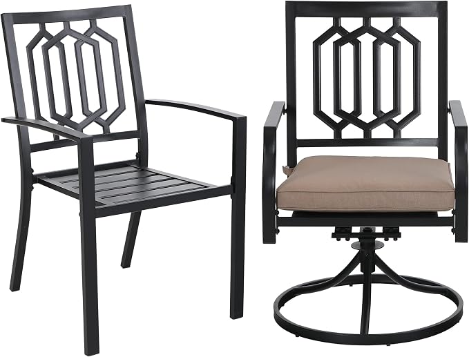 SUNSHINE VALLEY Patio Dining Set,60x36 Outdoor Table w/Umbrella Hole | Outdoor Table and Chairs Set w/ Umbrella Hole, 2 Leg Chairs, 2 Swivel Chairs, 1 Metal Table and 1 Cushioned Bench