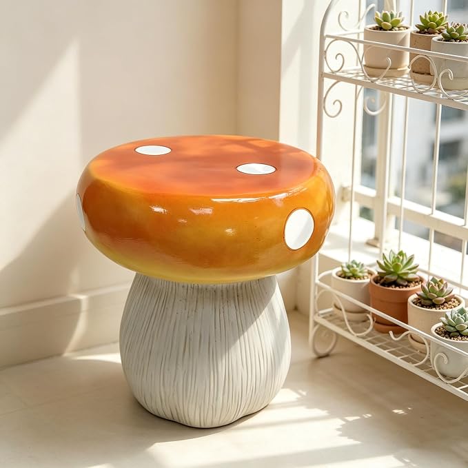 13.8" Mushroom Resin Stool, Novelty Fruit Side Table & Plant Stand, Whimsical Indoor Outdoor Garden Patio Decor, No Assembly Required (Orange Mushroom)