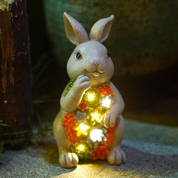 Nacome Solar Garden Outdoor Statues Bunny with Succulent | 7 LED Lights, Lawn Decor Statue for Patio, Balcony, Yard Ornament, Gifts for Mom Grandma Women
