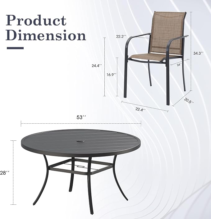 Patio Table and Chairs Set for 8, Outdoor Dining Set with 8 Stackable Dining Chairs and 53" x 53" Metal Slatted Round Dining Table for Porch, Deck, Lawn, Garden, Brown & Black