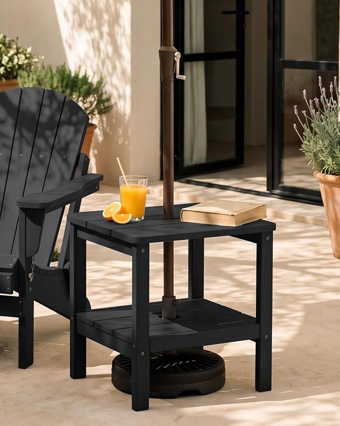 SERWALL Double Layer Adirondack Side Table with Umbrella Hole, HIPS Outdoor Side Table Rectangular End Tables for Patio, Poolside, Garden, Black