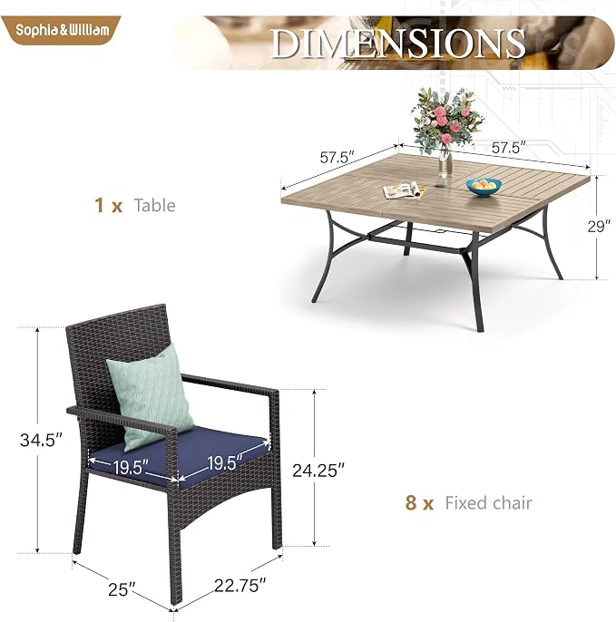 Sophia & William 9pc Square Patio Dining Set for 8, Rattan Chairs | Patio Table Set for 8, Teak Color Metal Table with Umbrella Hole, Wicker Chairs, 330 lbs Chair Capacity, Rust-Resistant Frame