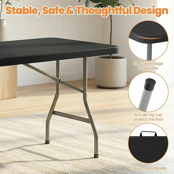 8 FT Black Plastic Folding Table Chairs Set, Portable Foldable Table with 10 Black Folding Chairs for Picnic, Event, Game, Camping, Dining, at Home and Commercial Use