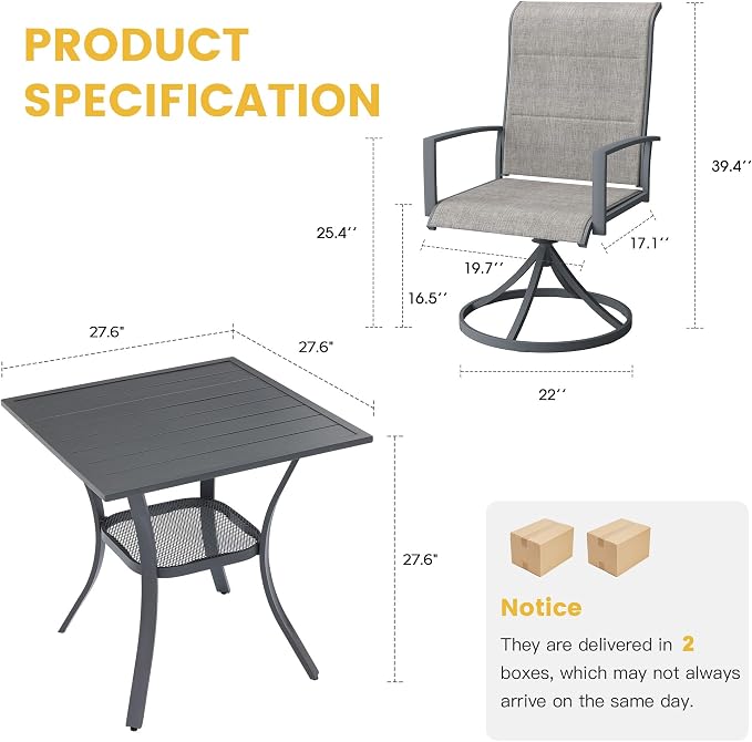 VICLLAX 3 Pieces Small Patio Table and Swivel Chairs for 2, All Weather Patio Dining Set, Grey Tabletop and Fabric