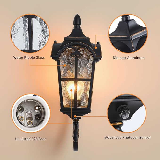 17.71" Dusk to Dawn Sensor Black Outdoor Wall Light Fixture | Exterior Wall Lantern Waterproof Sconce Rustic Porch Lights Wall Mount for House Garage Doorway, ETL Listed