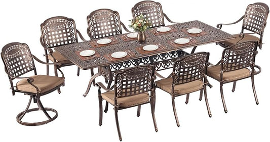 Redlife 9-Piece Cast Aluminum Outdoor Dining Set, 86" Rectangular Patio Table with Umbrella Hole, 2 Swivel Rocker Chairs & 6 Stackable Chairs with Cushion,Lattice Backrest, All-Weather Waterproof