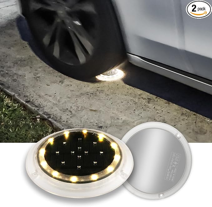 Solar Dock Lights, Deck LED Disc, Warm White, 2 Pack | Outdoor Waterproof, Flat Low Profile, Driveway, Ground, Anti-Slip & Anti-Trip, Soft Anti-Glare