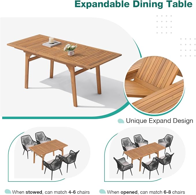 Patiorama 7-Piece Dining Set, Outdoor Dining Table Chair Set, Patio Wicker Dining Table Chair Set with 55"-71" Acacia Wood Expandable Table & Twisted Rattan Chairs for Yard Garden(Black & Cross Back)