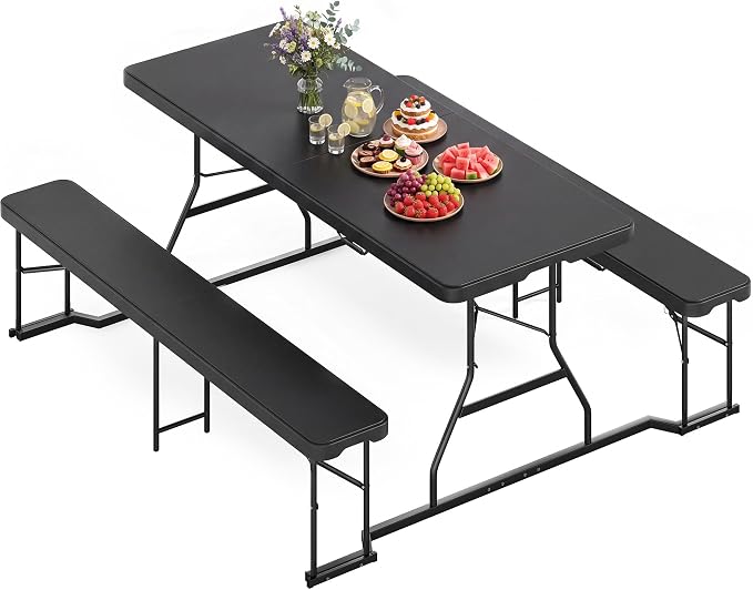 YITAHOME 6ft Folding Picnic Table with Benches, Heavy Duty Iron Frame & HDPE Plastic Table Set, Portable Outdoor Folding Table with Center Lock for Backyard, Park, Camping, Beach, Black