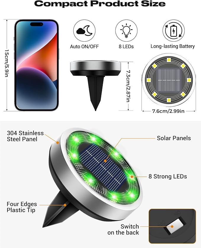 btfarm 16 Pack Solar Lights Outdoor, 8 LED Solar Ground Lights IP65 Waterproof Flat Solar Disc Light, Pathway Lights for Garden Lawn Patio Yard Path Landscape, Green