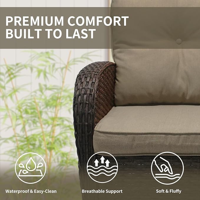 YLGJ&TIDY Outdoor Furniture Swivel Rocker Chairs 3PC Bistro Set 2 Brown Wicker Patio Glider Armchairs with Side Table Cushions Rocking Sofa for Porch Balcony Backyard Deck (Khaki, 3PCS Swivel/Table)